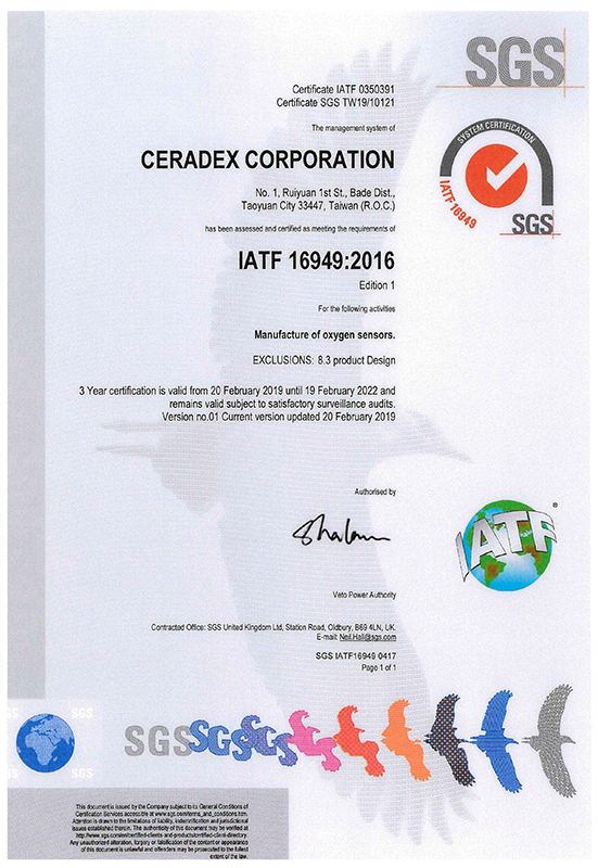 IATF Certificate | CERADEX Oxygen Sensor Supplier